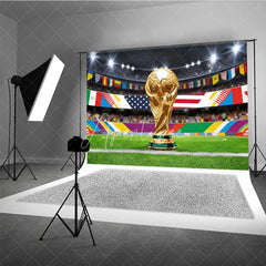 Aperturee - Aperturee Golden Victory Trophy Soccer Stadium Holiday Backdrop with International Flags Festive Celebration Decor
