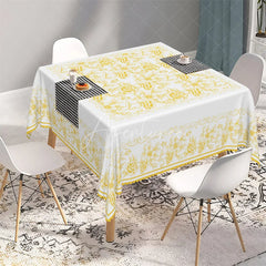 Aperturee - Aperturee Golden Yellow Rose Line Art Rectangle Tablecloth Ornate White Floral Filigree Table Cover