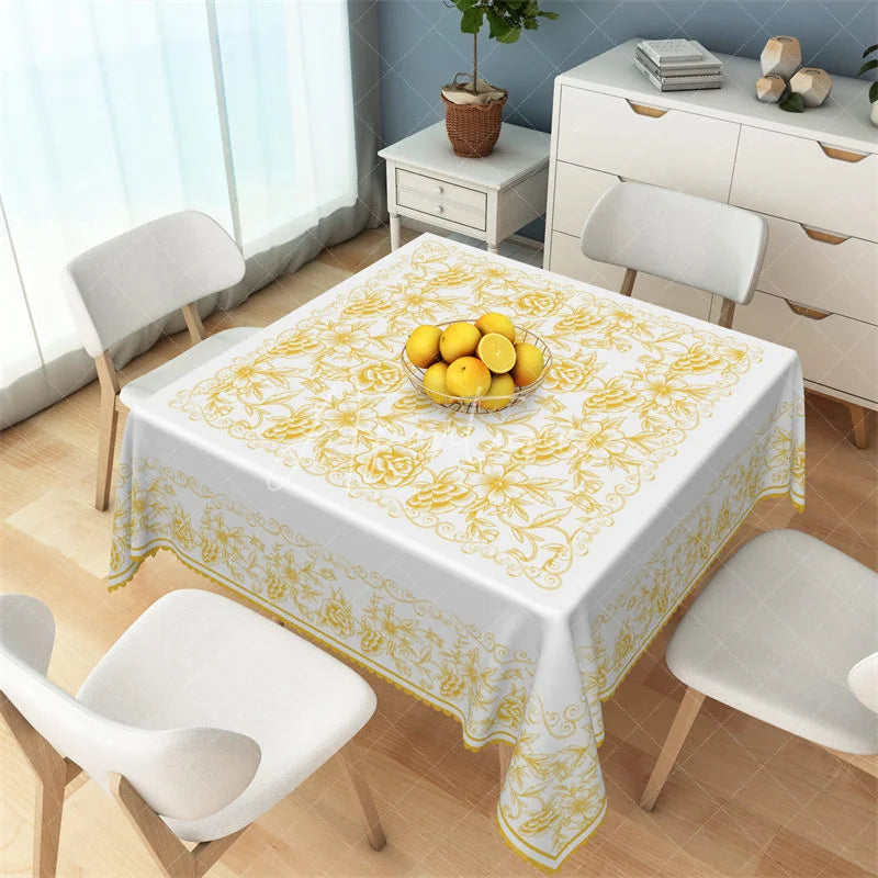 Aperturee - Aperturee Golden Yellow Rose Line Art Rectangle Tablecloth Ornate White Floral Filigree Table Cover