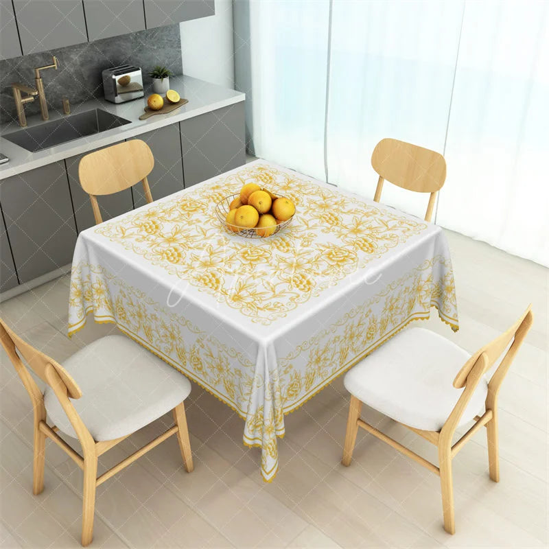 Aperturee - Aperturee Golden Yellow Rose Line Art Rectangle Tablecloth Ornate White Floral Filigree Table Cover