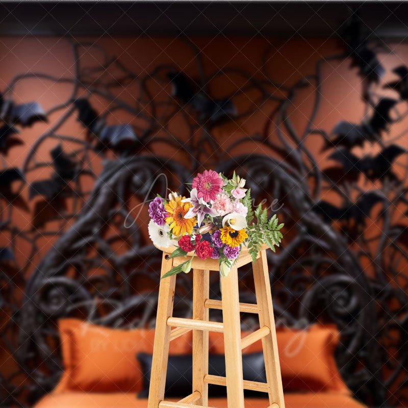 Aperturee Aperturee Gothic Bat Headboard Photography Backdrop Spooky Halloween Bedroom with Flying Bats Dark and Moody Photo Prop