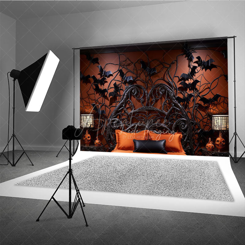 Aperturee Aperturee Gothic Bat Headboard Photography Backdrop Spooky Halloween Bedroom with Flying Bats Dark and Moody Photo Prop