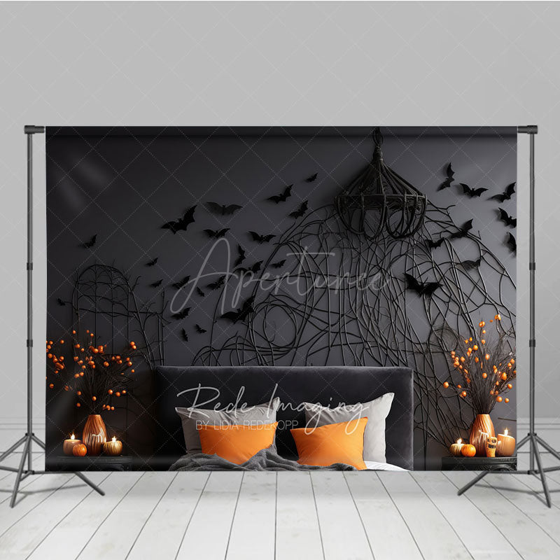 Aperturee Aperturee Gothic Bat Wall Photography Backdrop for Halloween Spooky Bedroom with Headboard Moody Dark Studio Photo Prop