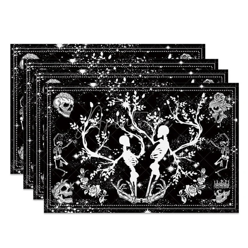 Aperturee - Aperturee Gothic Black and White Skeleton Floral Set of 4 Placemats for Halloween Wedding and Spooky Elegant Decor