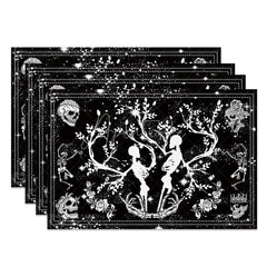 Aperturee - Aperturee Gothic Black and White Skeleton Floral Set of 4 Placemats for Halloween Wedding and Spooky Elegant Decor