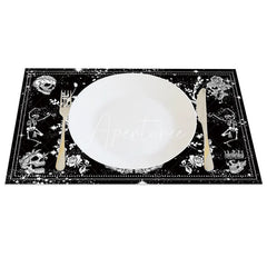 Aperturee - Aperturee Gothic Black and White Skeleton Floral Set of 4 Placemats for Halloween Wedding and Spooky Elegant Decor