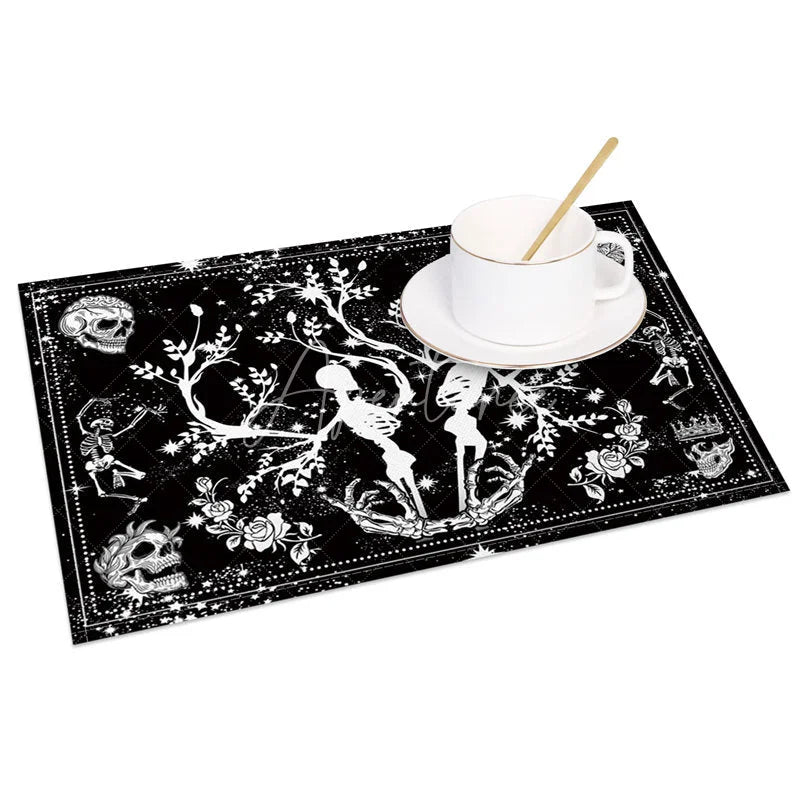 Aperturee - Aperturee Gothic Black and White Skeleton Floral Set of 4 Placemats for Halloween Wedding and Spooky Elegant Decor