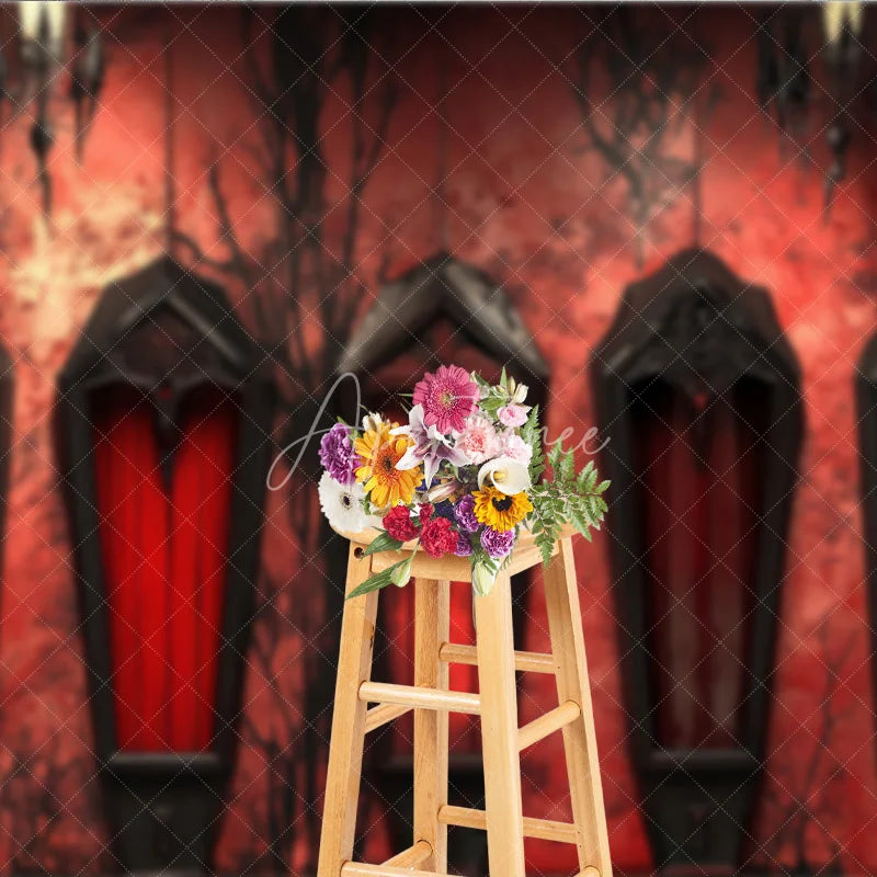 Aperturee - Aperturee Gothic Coffin Holiday Backdrop with Eerie Bare Trees Deep Red Wall and Ornate Chandeliers for Halloween