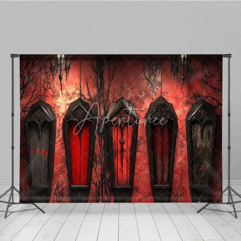 Aperturee - Aperturee Gothic Coffin Holiday Backdrop with Eerie Bare Trees Deep Red Wall and Ornate Chandeliers for Halloween