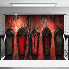 Aperturee - Aperturee Gothic Coffin Holiday Backdrop with Eerie Bare Trees Deep Red Wall and Ornate Chandeliers for Halloween