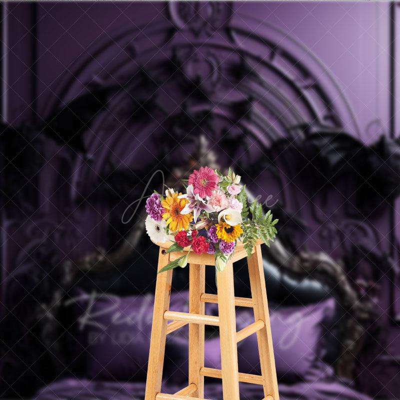 Aperturee Aperturee Gothic Dragon Bat Photography Backdrop for Halloween Ornate Purple Bed and Gargoyles Vampire Lair Photo Prop