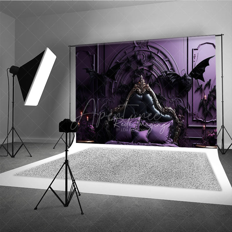 Aperturee Aperturee Gothic Dragon Bat Photography Backdrop for Halloween Ornate Purple Bed and Gargoyles Vampire Lair Photo Prop