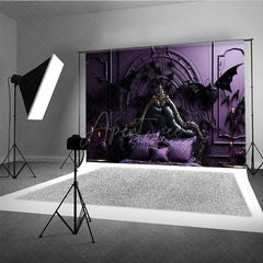 Aperturee Aperturee Gothic Dragon Bat Photography Backdrop for Halloween Ornate Purple Bed and Gargoyles Vampire Lair Photo Prop