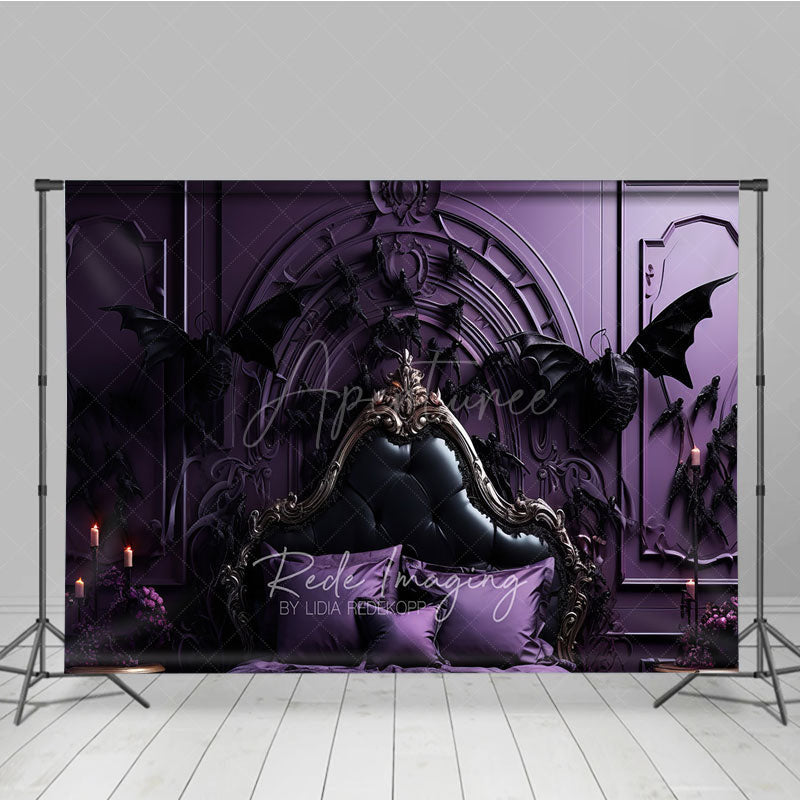 Aperturee Aperturee Gothic Dragon Bat Photography Backdrop for Halloween Ornate Purple Bed and Gargoyles Vampire Lair Photo Prop