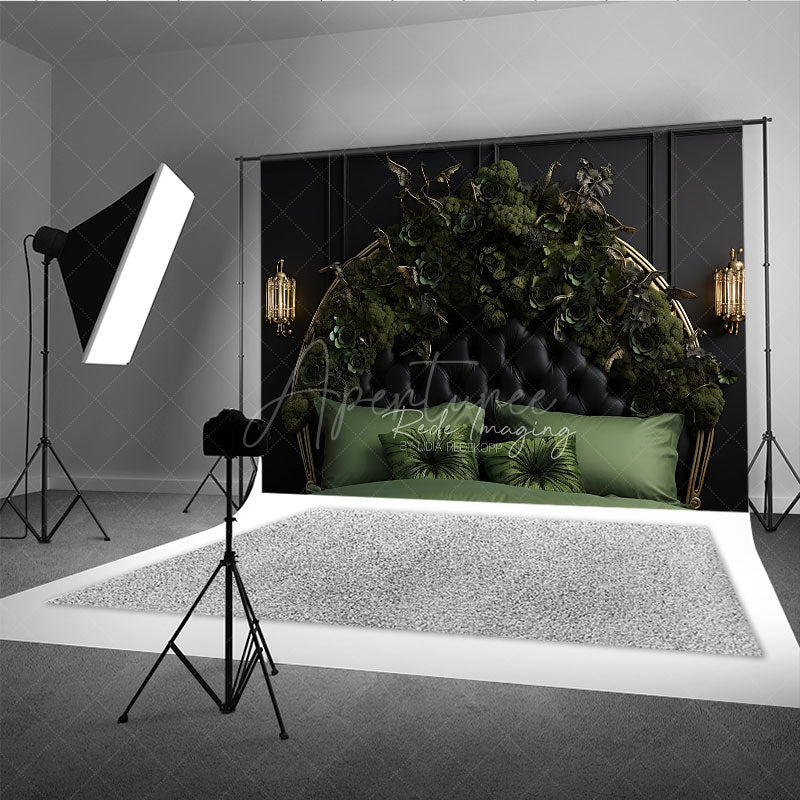 Aperturee Aperturee Gothic Floral Headboard Photography Backdrop Black Tufted Bed with Green Roses Moody Dark Botanical Photo Prop