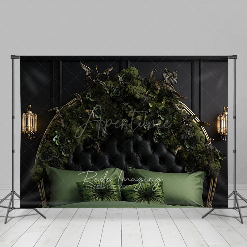Aperturee Aperturee Gothic Floral Headboard Photography Backdrop Black Tufted Bed with Green Roses Moody Dark Botanical Photo Prop