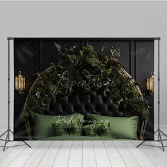 Aperturee Aperturee Gothic Floral Headboard Photography Backdrop Black Tufted Bed with Green Roses Moody Dark Botanical Photo Prop