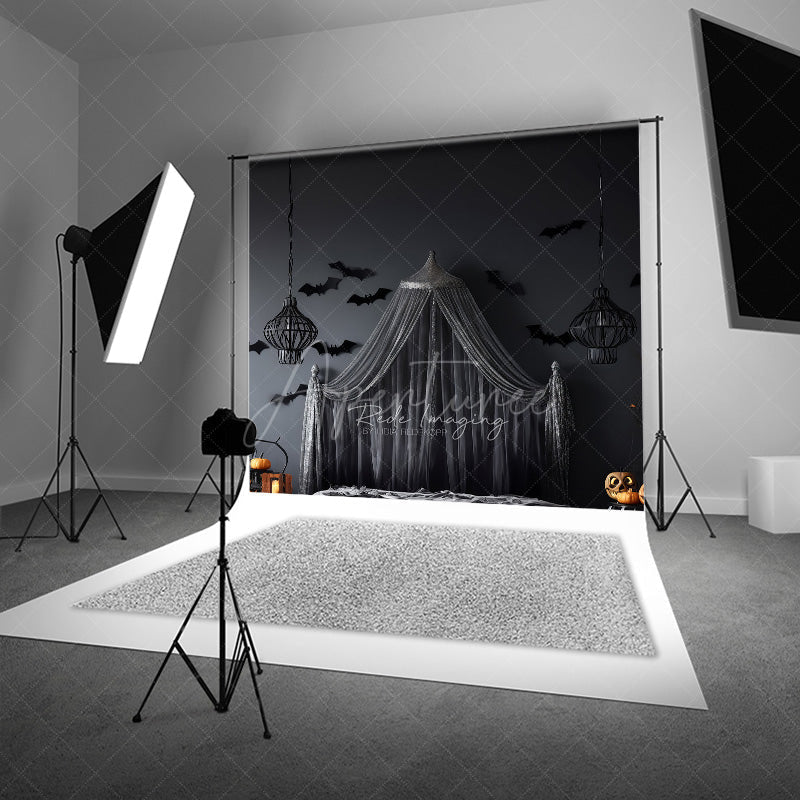 Aperturee Aperturee Gothic Halloween Bedroom Photography Backdrop Spooky Canopy Bed with Bats Dark and Moody Vampire Lair Photo Prop