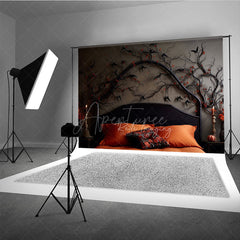 Aperturee Aperturee Gothic Halloween Headboard Photography Backdrop Spooky Black Birds and Branches Moody Dark Bedroom Photo Prop