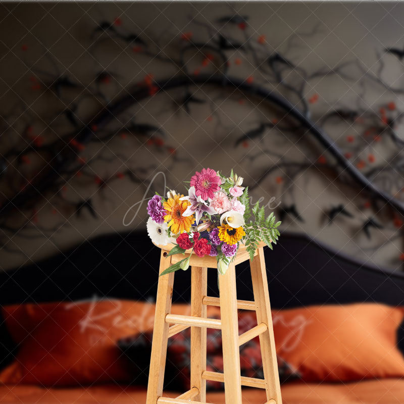 Aperturee Aperturee Gothic Halloween Headboard Photography Backdrop Spooky Black Birds and Branches Moody Dark Bedroom Photo Prop