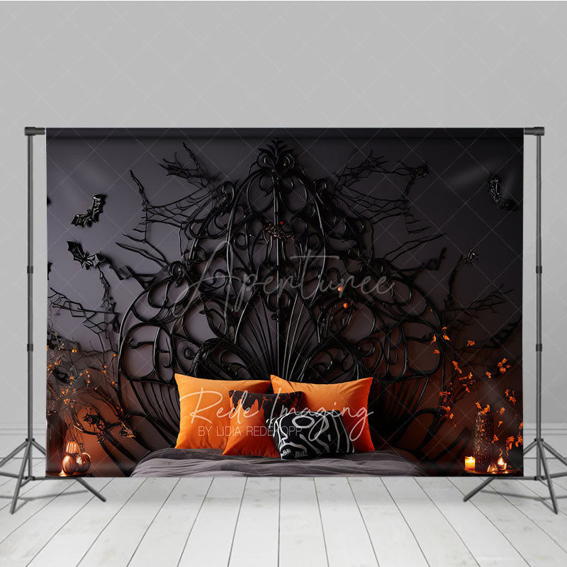 Aperturee Aperturee Gothic Halloween Headboard Photography Backdrop Spooky Spiderweb Bed with Orange Pillows Haunted Bedroom Decor