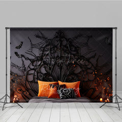Aperturee Aperturee Gothic Halloween Headboard Photography Backdrop Spooky Spiderweb Bed with Orange Pillows Haunted Bedroom Decor