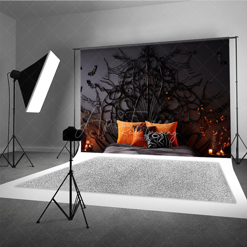 Aperturee Aperturee Gothic Halloween Headboard Photography Backdrop Spooky Spiderweb Bed with Orange Pillows Haunted Bedroom Decor