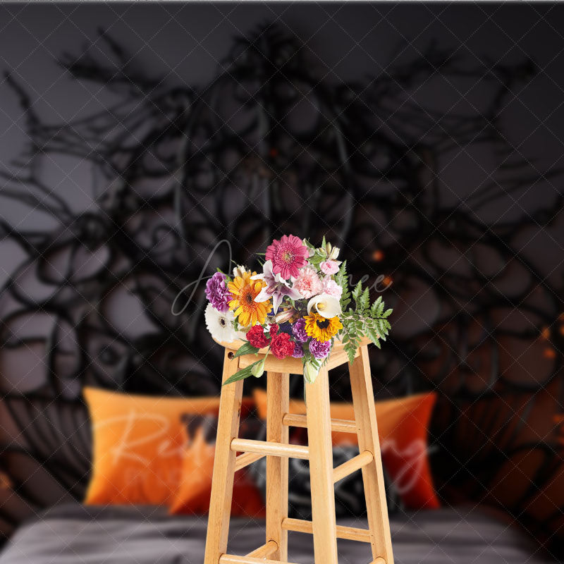 Aperturee Aperturee Gothic Halloween Headboard Photography Backdrop Spooky Spiderweb Bed with Orange Pillows Haunted Bedroom Decor