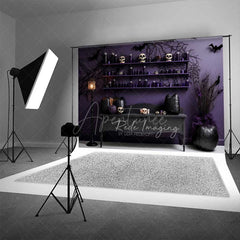 Aperturee Aperturee Gothic Halloween Photography Backdrop Purple Wall with Skulls and Black Pumpkins Spooky Witch Lair Photo Prop