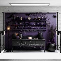 Aperturee Aperturee Gothic Halloween Photography Backdrop Purple Wall with Skulls and Black Pumpkins Spooky Witch Lair Photo Prop