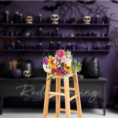 Aperturee Aperturee Gothic Halloween Photography Backdrop Purple Wall with Skulls and Black Pumpkins Spooky Witch Lair Photo Prop