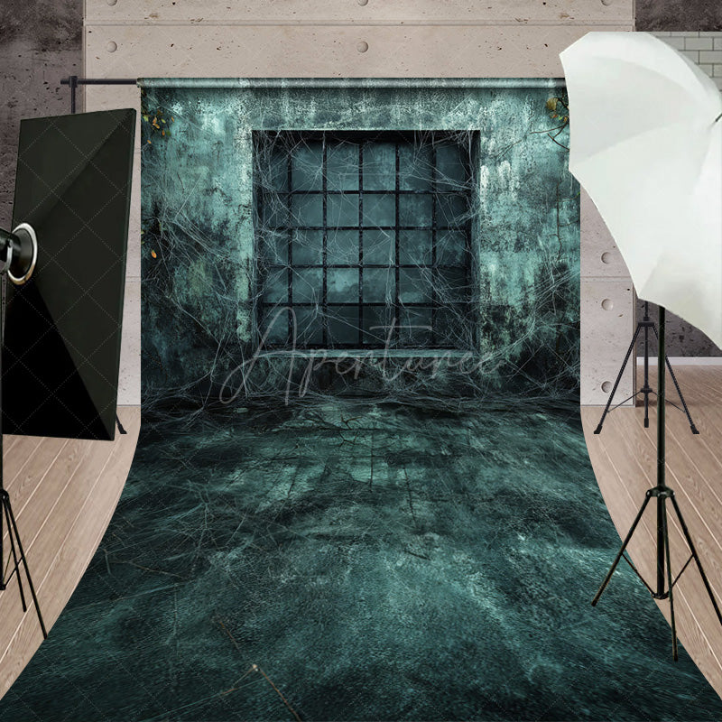 Aperturee - Aperturee Gothic Haunted Window Sweep Backdrop Spooky Wall with Cobwebs Dark and Creepy Halloween Themed Photos