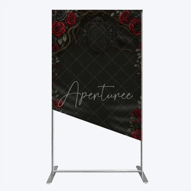 Aperturee - Aperturee Gothic Red Roses and Black Crow Rectangle Backdrop Dark Floral Halloween Birthday Party Decor and Photo Booth