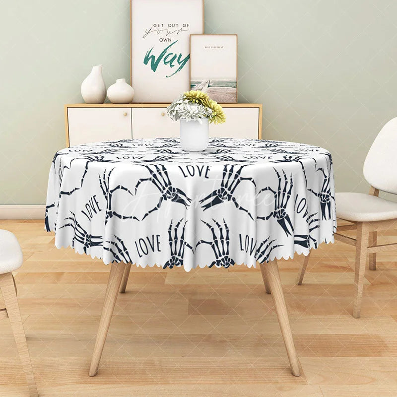 Aperturee - Aperturee Gothic Skeleton Hand Red Heart ’LOVE’ Round Tablecloth White and Black Spooky Halloween or Valentine’s Decor