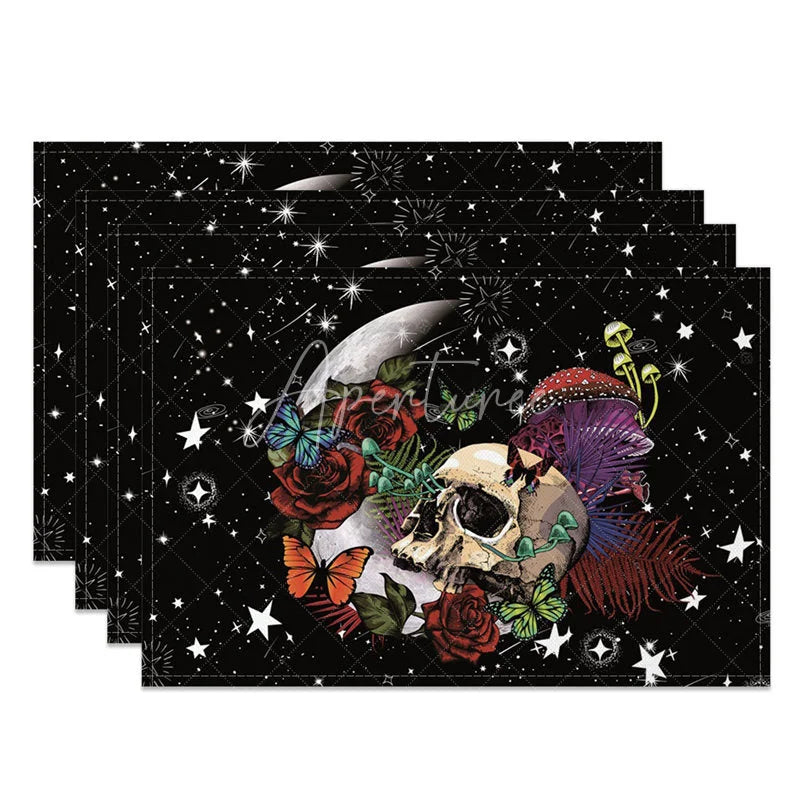 Aperturee - Aperturee Gothic Skull and Flower Set of 4 Placemats with Glitter Effect Stars for Spooky and Glam Decor