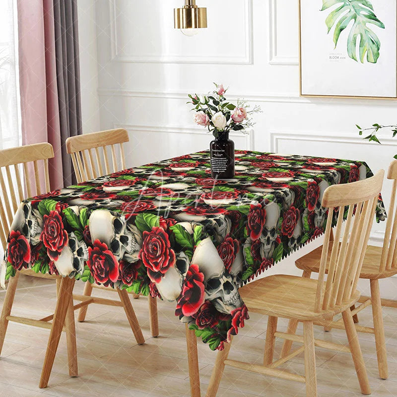 Aperturee - Aperturee Gothic Skull and Red Rose Rectangle Tablecloth Dark Floral Skeleton Pattern Halloween Valentine Decor