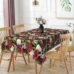 Aperturee - Aperturee Gothic Skull and Red Rose Rectangle Tablecloth Dark Floral Skeleton Pattern Halloween Valentine Decor