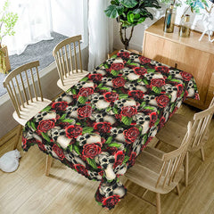 Aperturee - Aperturee Gothic Skull and Red Rose Rectangle Tablecloth Dark Floral Skeleton Pattern Halloween Valentine Decor