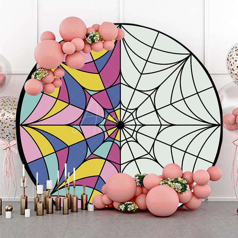 Aperturee Aperturee Gothic Stained Glass Round Backdrop Half Color and Half Spiderweb Window Wednesday Addams Inspired Party Decor