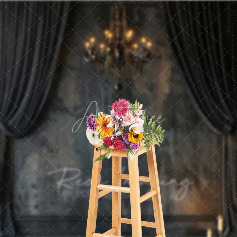 Aperturee - Aperturee Gothic Vintage Wall Backdrop Black Curtain Chandelier Photography Background Dark Moody Candle Photo Booth Prop
