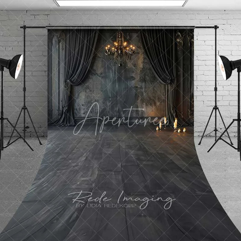 Aperturee - Aperturee Gothic Vintage Wall Sweep Photo Backdrop Black Curtain Chandelier Background Dark Moody Candle Floor Prop