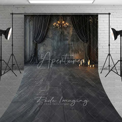 Aperturee - Aperturee Gothic Vintage Wall Sweep Photo Backdrop Black Curtain Chandelier Background Dark Moody Candle Floor Prop