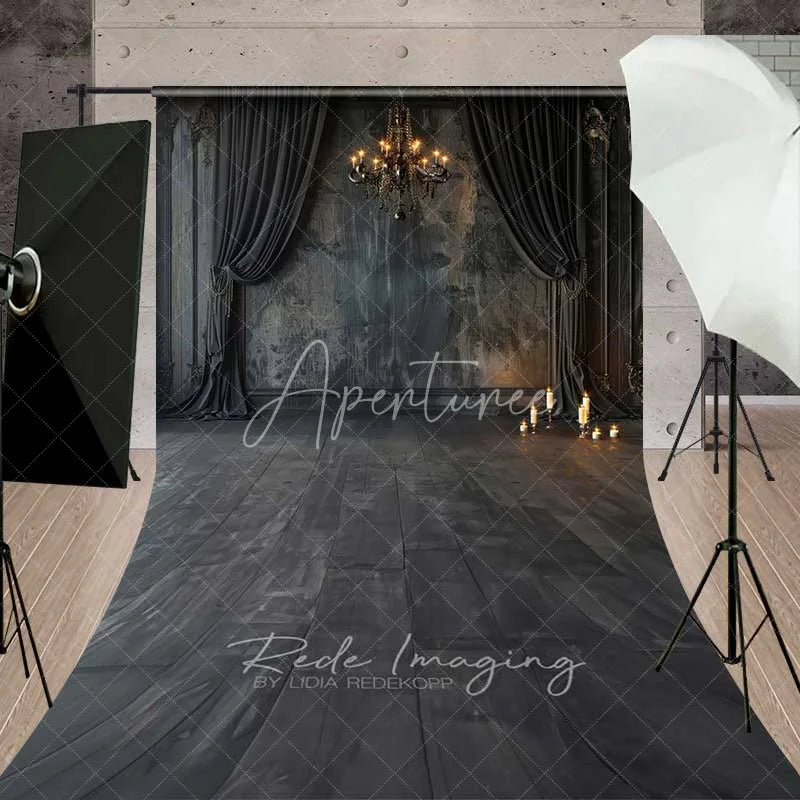 Aperturee - Aperturee Gothic Vintage Wall Sweep Photo Backdrop Black Curtain Chandelier Background Dark Moody Candle Floor Prop