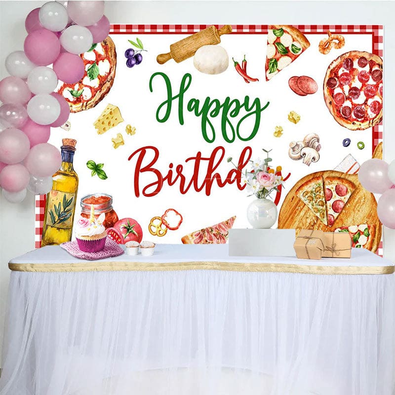 Aperturee - Aperturee Gourmet Pizza Red White Plaid Happy Birthday Backdrop