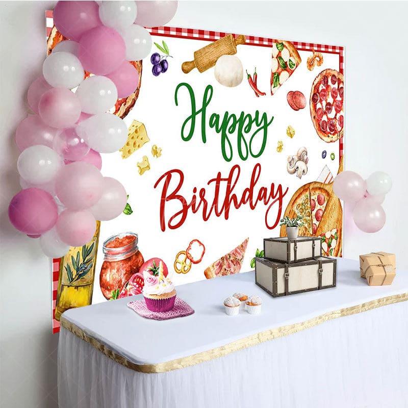 Aperturee - Aperturee Gourmet Pizza Red White Plaid Happy Birthday Backdrop