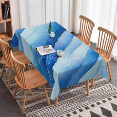Aperturee - Aperturee Gradient Blue Watercolor Wavy Stripe Rectangle Tablecloth Artistic Ocean Theme Party Decor