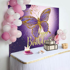 Aperturee - Aperturee Gradient Purple Butterfly Floral Birthday Backdrop
