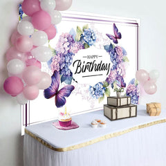 Aperturee - Aperturee Gradient Purple Butterfly Happy Birthday Backdrop