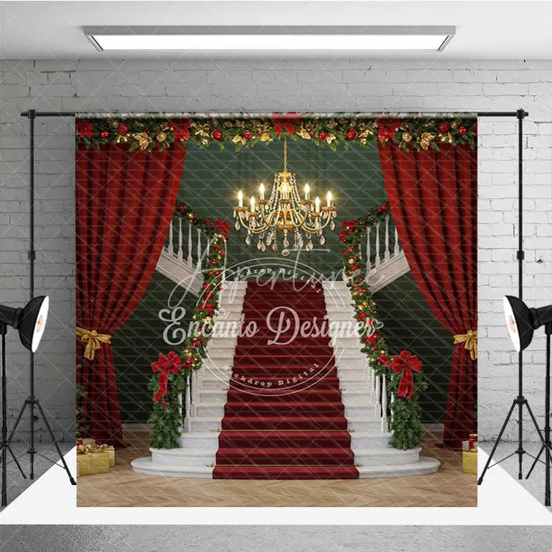 Aperturee - Aperturee Grand Christmas Ballroom Room Set Backdrop Red Carpet Staircase with Green Walls Elegant Holiday Photo Studio