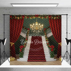 Aperturee - Aperturee Grand Christmas Ballroom Room Set Backdrop Red Carpet Staircase with Green Walls Elegant Holiday Photo Studio
